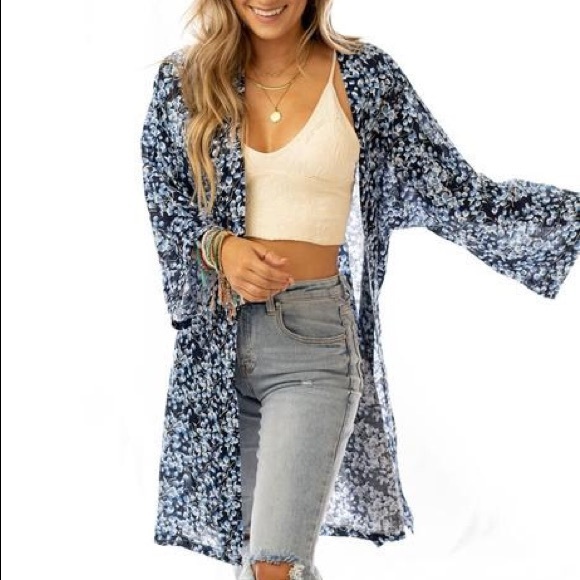 Three Bird Nest Tops - Three Bird Nest Blossom Kimono- Navy